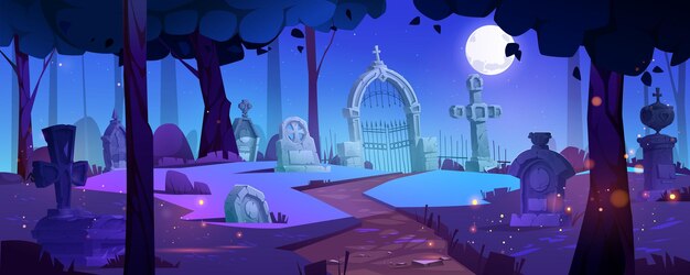 Velho cemitério gótico à noite Vector a ilustração dos desenhos animados do antigo cemitério com túmulos de pedra rachados cruza sob árvores vaga-lumes assustadores no ar lua brilhando no céu estrelado escuro Lugar assombrado