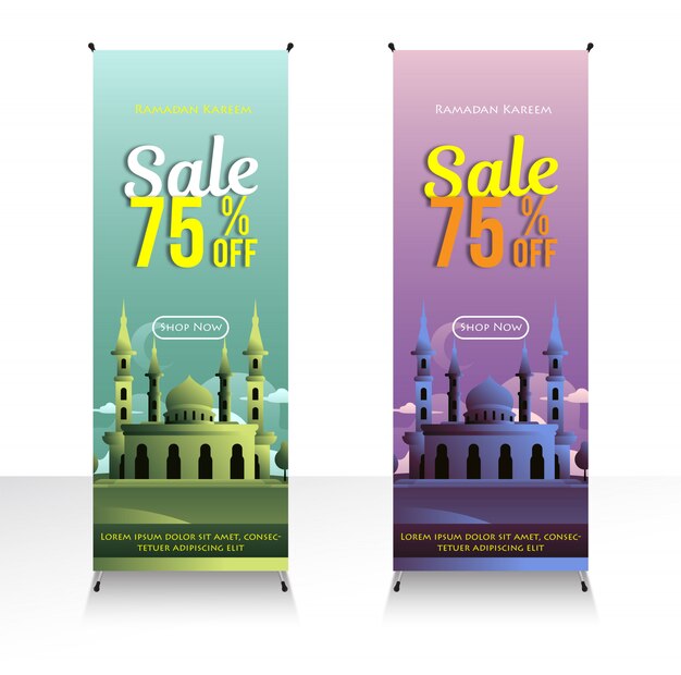 Venda de banner moderno fora com ilustrações de mesquita para o mês do ramadã