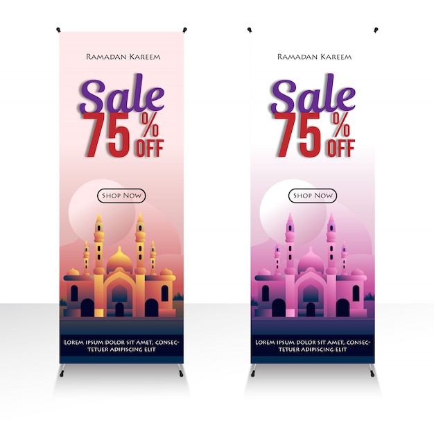 Venda de banner moderno fora com ilustrações de mesquita para o mês do ramadã