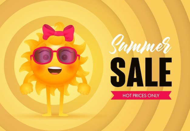 Vetor grátis venda de verão, preços quentes apenas letras com caráter de sol