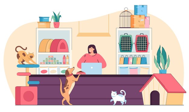 Vendedor de pet shop que vende produtos veterinários para animais. Mulher em pé atrás do balcão dentro da loja perto de acessórios e brinquedos, gaiola e comida nas prateleiras ilustração vetorial plana. Conceito de pet shop de pequeno varejo