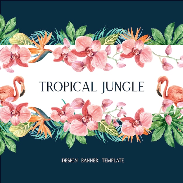 Verão de fronteira quadro tropical com plantas folhagem aquarela exótica, criativa