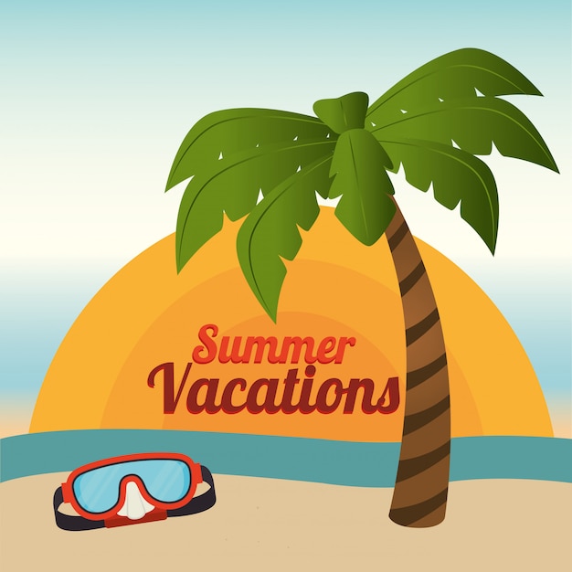 Vetor grátis verão e férias, palm e óculos de mergulho na praia