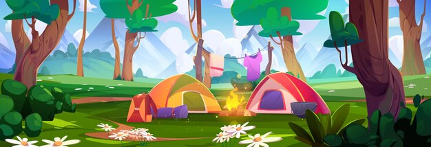 Verão montanha floresta acampamento tenda fundo vetor fogueira ao ar livre em viagem para piquenique em férias Eco recreação ou expedição para explorar a natureza ao ar livre com caldeirão de mochila e tapete no fim de semana