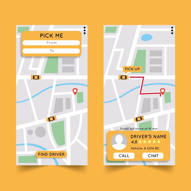 Versões da interface do aplicativo de táxi