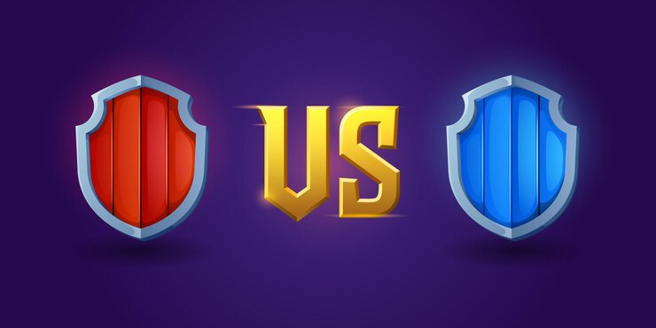 Vetor grátis versus tela design com escudos medievais para batalhas e competições de jogos. modelo vetorial de título com símbolos vs dourados e escudos de madeira vermelhos e azuis de desenho animado com borda de aço