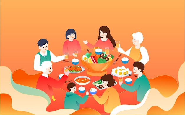 Véspera de ano novo, véspera de ano novo, jantar, ilustração de reunião de família celebrando o evento do festival da primavera