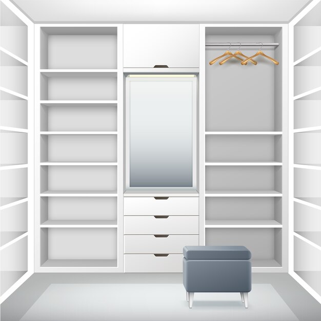 Vestiário vazio de vetor branco com prateleiras, gavetas, cabides, espelho e vista frontal do pufe cinza