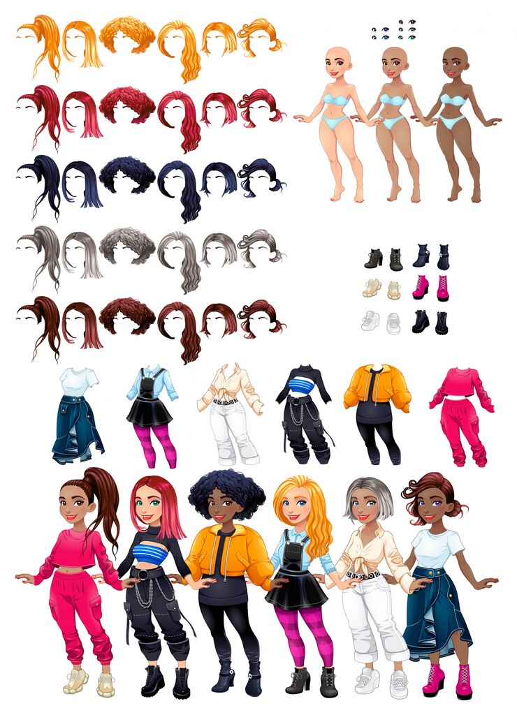 Vestidos e penteados. Traje de personagem. Avatar feminino.