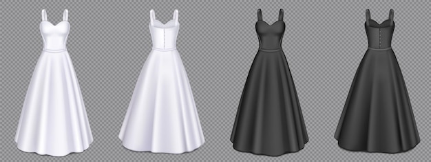 Vetor grátis vestidos femininos brancos e pretos com espartilho e saia maxi na vista frontal e traseira. maquete 3d realista vetorial de vestido de noite de meninas em branco com decote de coração isolado em fundo transparente