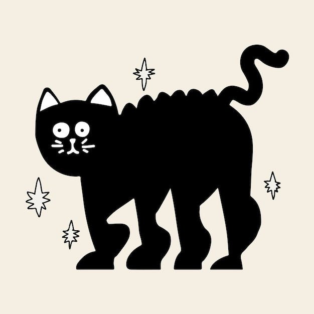 Vetor de adesivo de gato preto de halloween, doodle desenhado à mão