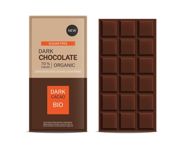 Vetor de barra de chocolate amargo realista simulação de pacote de design de colocação de produto
