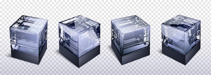 Vetor grátis vetor de caixa de cubo de vidro 3d isolado em fundo transparente criar bloco geométrico realista preto e branco com reflexão conjunto de polígonos de design de objeto acrílico brilhante vitrificado ícone de arte futurista