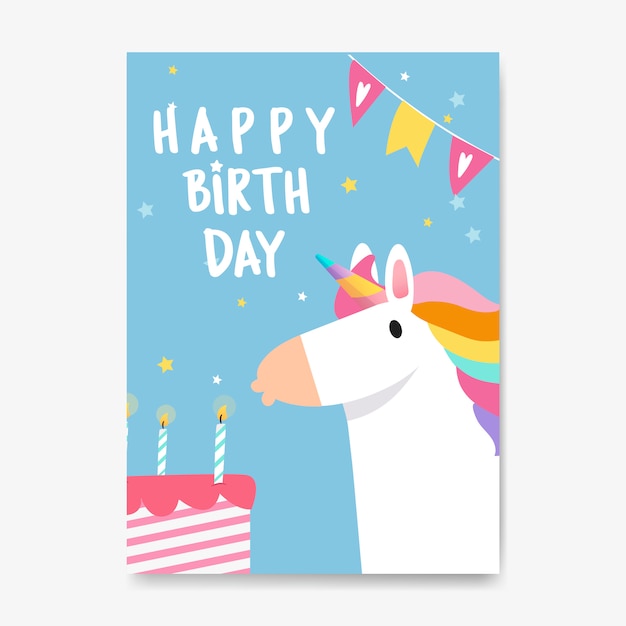 Vetor de cartão de unicórnio de feliz aniversário