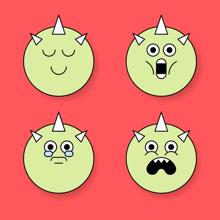 Vetor grátis vetor de conjunto de adesivos emoji de monstro com chifres funky