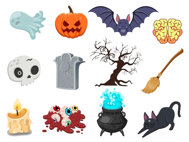 Vetor de conjunto de ícones de halloween dos desenhos animados. abóbora, fantasma, cérebro, morcego, crânio, lápide, árvore, vela, vassoura, globo ocular, gato, caldeirão de bruxas. ilustração vetorial