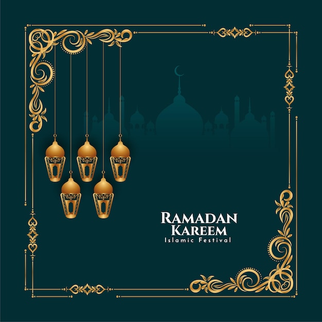 Vetor de design de fundo de moldura dourada de lanternas islâmicas de Ramadan Kareem