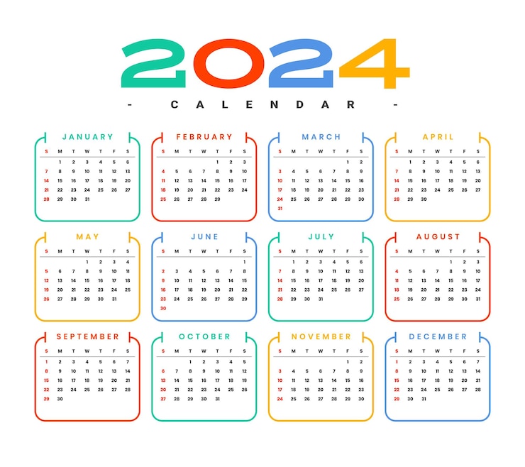 Vetor grátis vetor de design de modelo de calendário de ano novo moderno e colorido de 2024