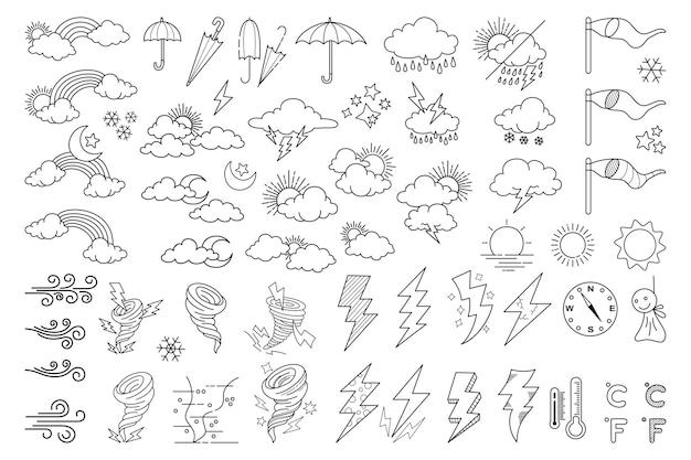 Vetor de doodle do tempo definir ilustração com mão desenhar linha arte estilo vetor estrela sol