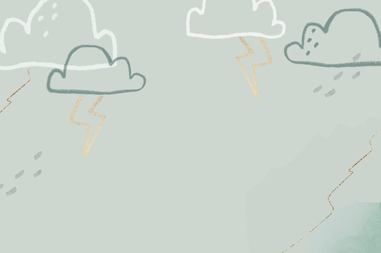 Vetor grátis vetor de fundo de nuvens de trovão em verde com ilustração de doodle fofo e cintilante para crianças