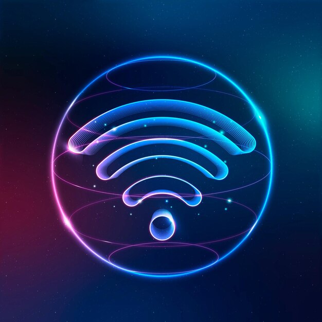 Vetor de ícone de tecnologia de internet sem fio em néon em fundo gradiente