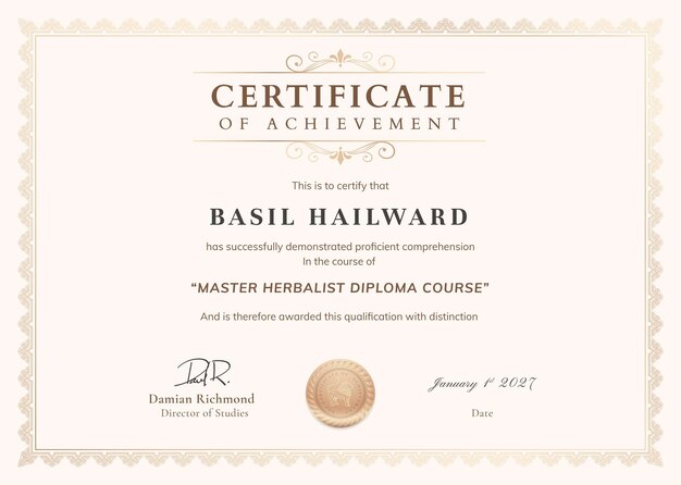Vetor de modelo de certificado de realização vintage, design profissional em bege
