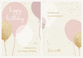 Vetor de modelo de saudação de aniversário online com conjunto de ilustração de balão rosa e dourado