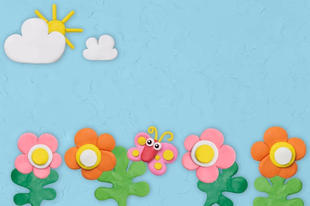 Vetor de plano de fundo texturizado de jardim de flores em artesanato de argila de plasticina azul para crianças