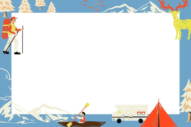 Vetor de quadro azul de viagem de acampamento em forma de retângulo com ilustração de desenho animado de turista
