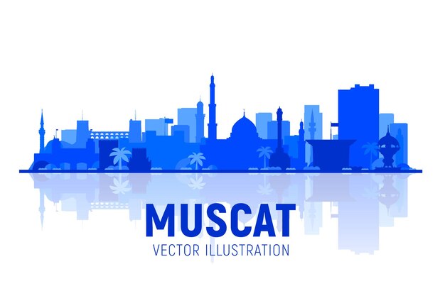 Vetor de silhueta de horizonte de cidade de Muscat Omã em fundo branco Ilustração vetorial plana Conceito de viagens e turismo de negócios com edifícios modernos Imagem para banner ou site