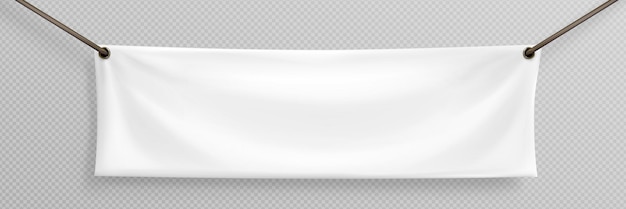 Vetor grátis vetor de sinal de banner de lona horizontal de tecido em branco realista branco na corda para publicidade conjunto de maquete de cartaz de material têxtil vazio 3d isolado em fundo transparente tabuleta de pano pendurado