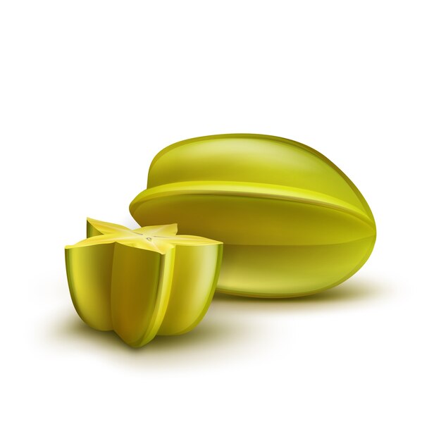 Vetor inteiro cortado pela metade verde, carambola amarela madura isolada no fundo branco