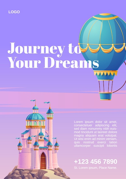 Vetor grátis viagem aos seus sonhos. cartaz com balão de ar quente e castelo de fantasia.