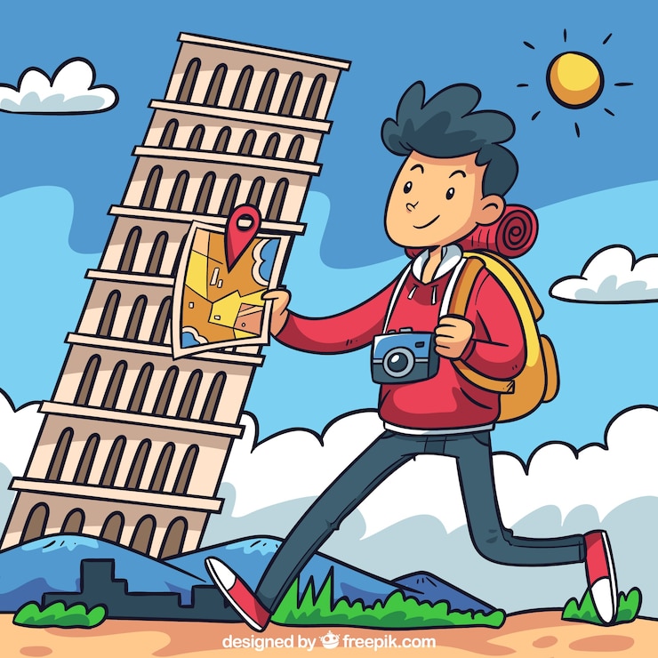 Vetor grátis viagem de fundo com homem e torre de pisa