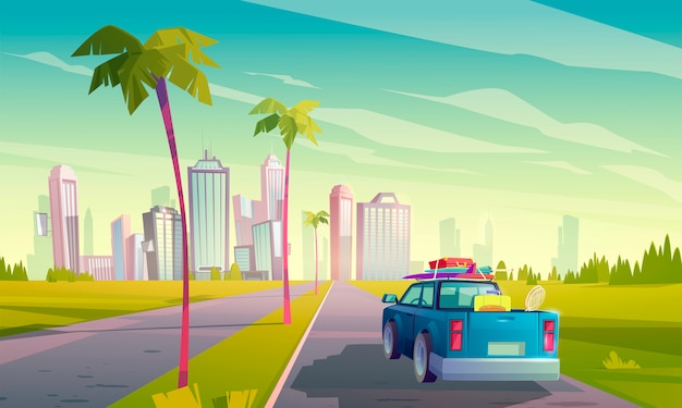 Vetor grátis viagem de verão de carro. ilustração dos desenhos animados do automóvel com bagagem no caminho para a cidade tropical com arranha-céus e palmeiras. conceito de férias, viagem de carro para recorrer