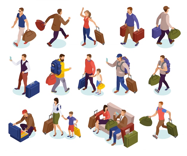 Viajar pessoas conjunto de ícones isolados de caracteres com malas esperando correndo para pousar reunião chegando passageiros isométricos