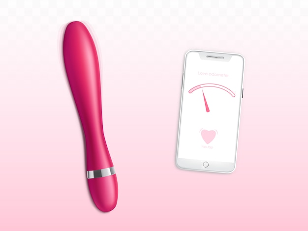 Vetor grátis vibrando vibrador ou vibrador, smartphone com escala de configurações de energia na tela 3d realista vector ilustração isolado no fundo rosa. amo o odómetro, aplicação de telemóvel para o conceito de brinquedo sexual