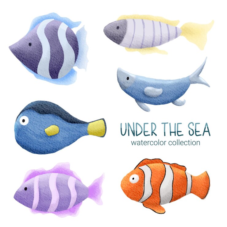 Vetor grátis vida marinha elemento fofo vida animal no mundo subaquático criatura animal subaquática e peixe ilustração em aquarela de desenho vetorial