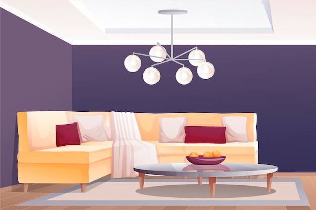 Vida moderna ou plano de fundo de design de interiores de quarto de hotel casa com sofá com almofadas e mesa de cobertor com frutas no prato