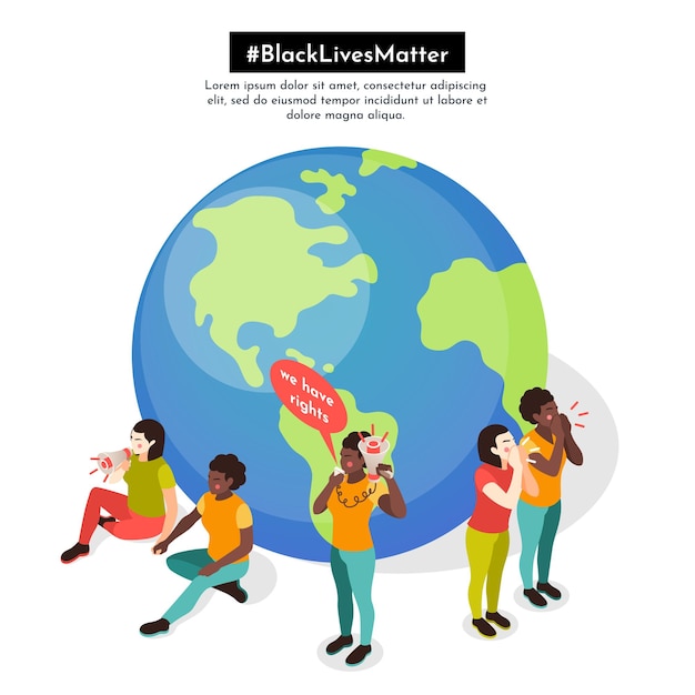 Vetor grátis vidas negras importam ilustração isométrica com ativistas em frente a uma bola de terra gritando slogans