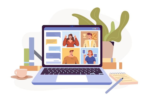 Vídeo-conferência remoto trabalhando laptop tela de ilustração plana com grupo de colegas pessoas conn ...