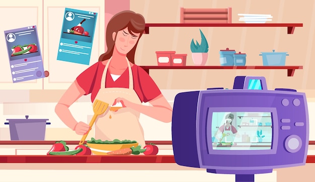 Vídeo de fundo plano do blogger com uma mulher filmando um programa de culinária na ilustração do interior da cozinha