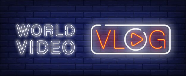 Vídeo do mundo no sinal de néon vlog. Letras Vlog com botão de jogador em vez de letra O