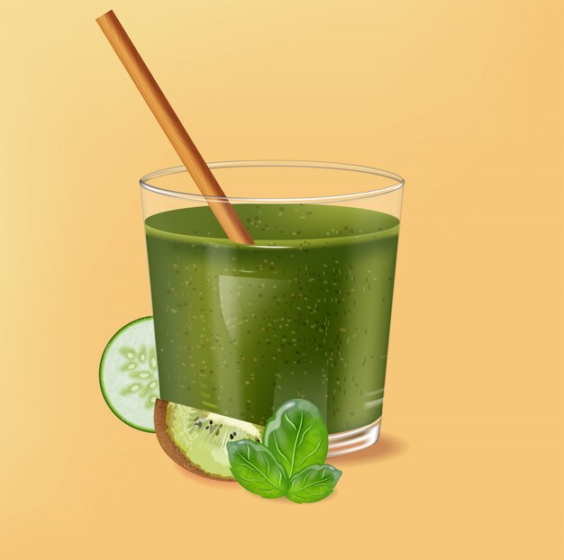 Vidro antiquado com palha de bambu. Smoothie verde de espinafre com decoração de kiwi, pepino e limão