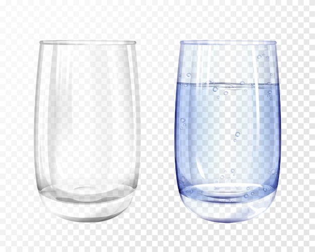 vidro realista vazio e copo com água azul em fundo transparente.
