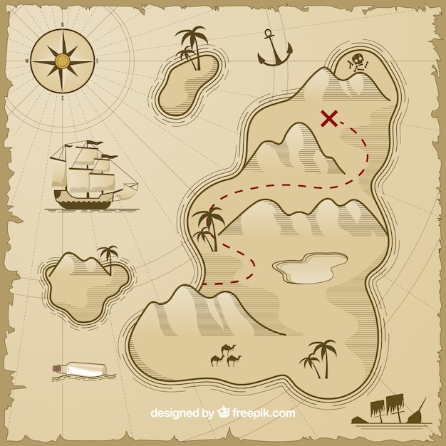 Vetor grátis vintage mapa com ilha do tesouro e navio pirata