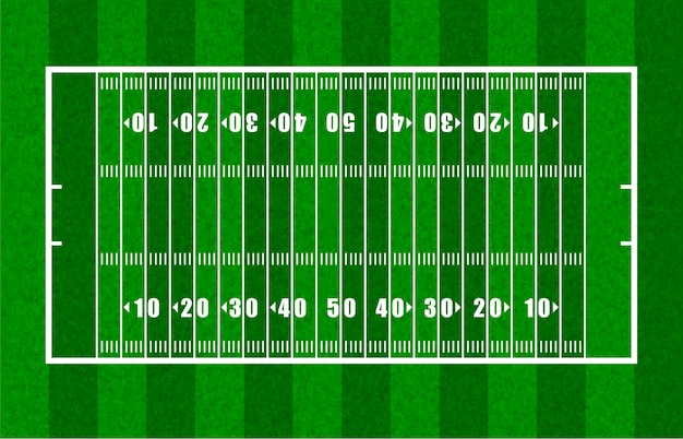 Visão geral do campo de futebol americano mostrando linhas de jarda