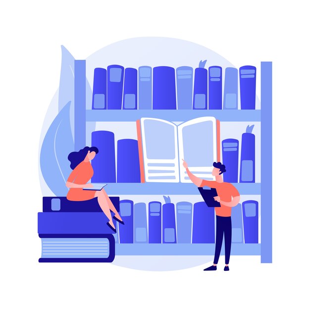 Visitantes da biblioteca pública. Pesquisa científica, autoestudo, centro educacional. Pessoas procurando livros nas prateleiras da biblioteca, lendo livros didáticos. Ilustração vetorial de metáfora de conceito isolado