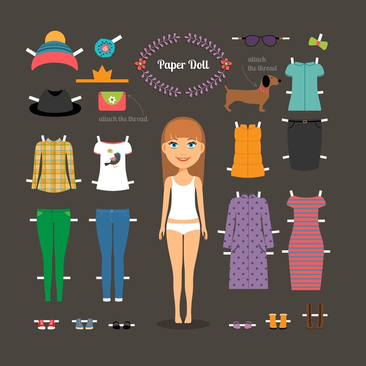 Vetor grátis vista a boneca de papel com cabeça grande. calças e vestidos, sapatos e chapéus, moda. ilustração vetorial
