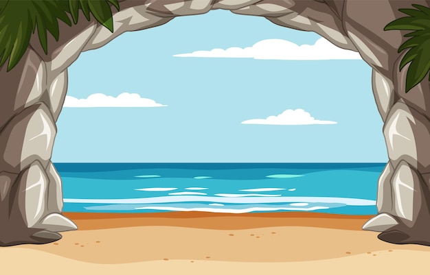 Vetor grátis vista da praia tropical através do arco de pedra